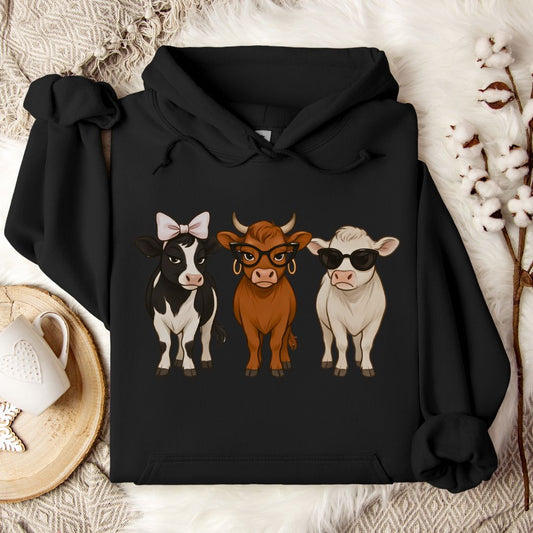 Trendy Cow Lover Hoodie – Cute Stylish Cow Trio Pullover with Bow, Glasses & Sunglasses