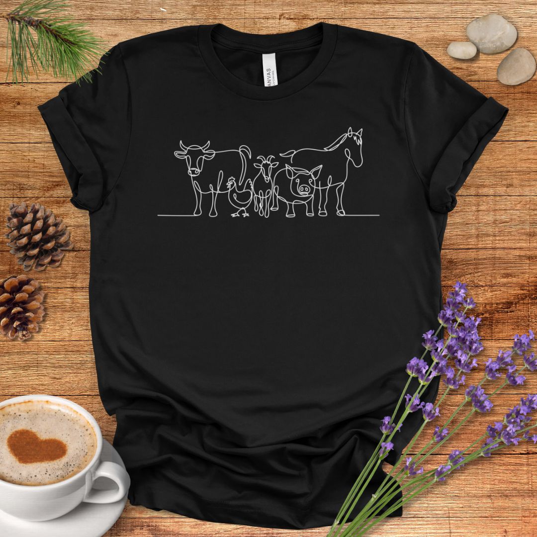 Farm Animal T-Shirt – Minimalist One Line Art Cow, Chicken, Goat, Pig & Horse Barnyard Shirt for Country Living