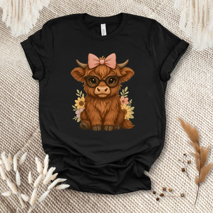 Cute Highland Cow T-Shirt – Floral Cow with Glasses Tee for Cow Lovers