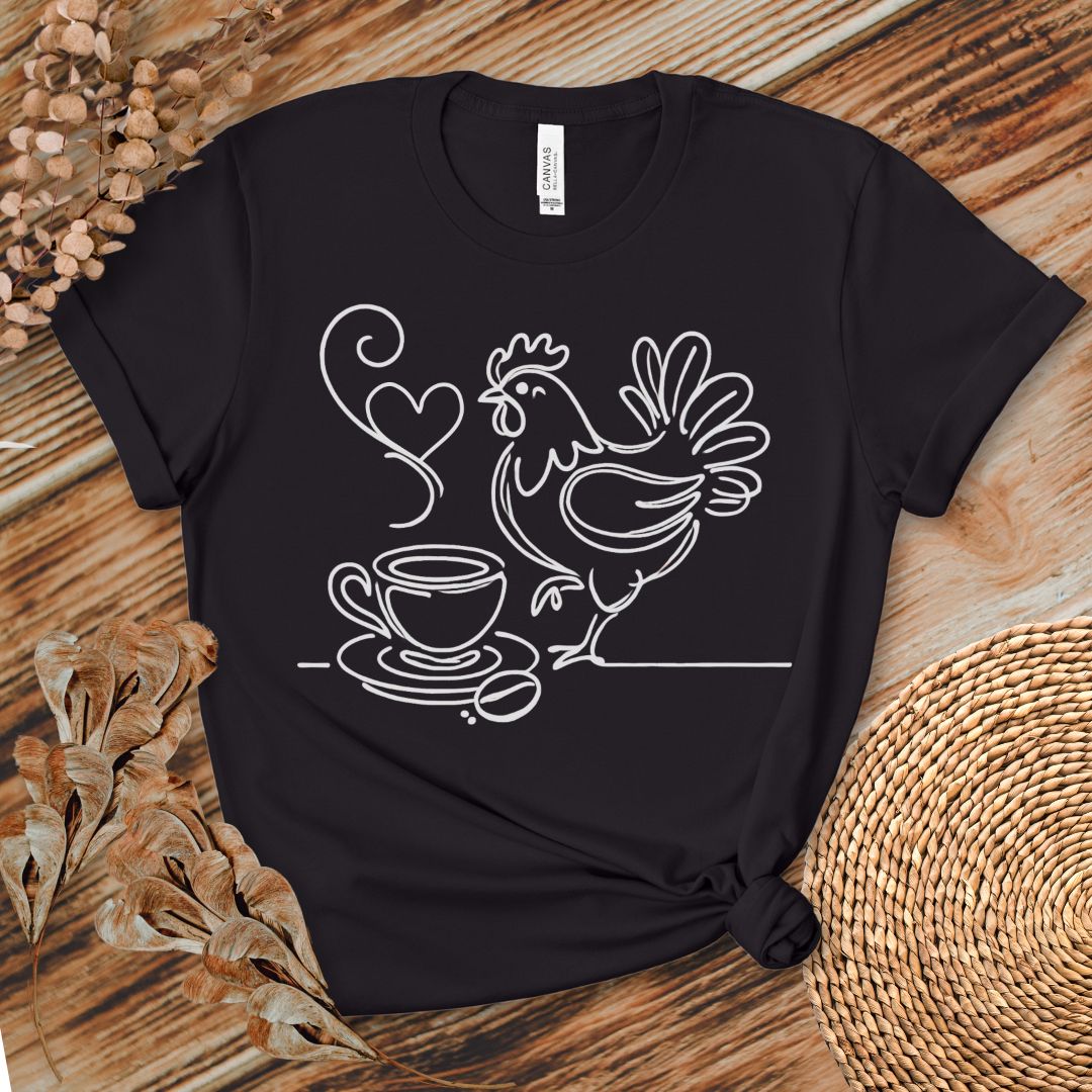 Minimalist Coffee & Chicken Line Art T-Shirt