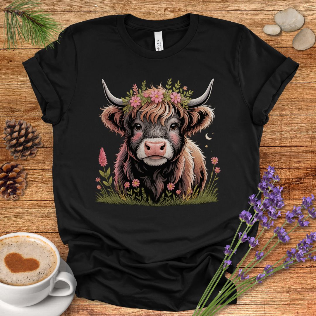 Floral Highland Cow T-Shirt – Boho Farmhouse Graphic Tee for Rustic Country Living & Cow Lovers