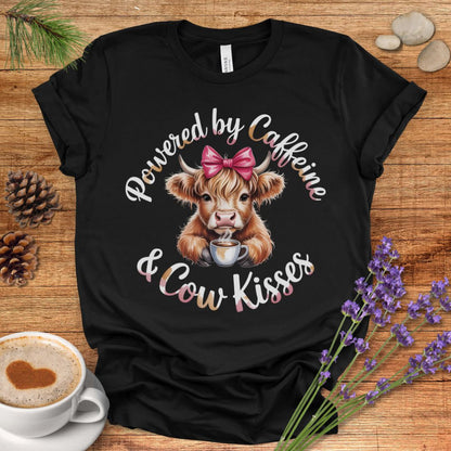 Funny Highland Cow Lover T-Shirt – Powered by Caffeine & Cow Kisses Tee for Cow Moms, Coffee Lovers & Country Life Fans