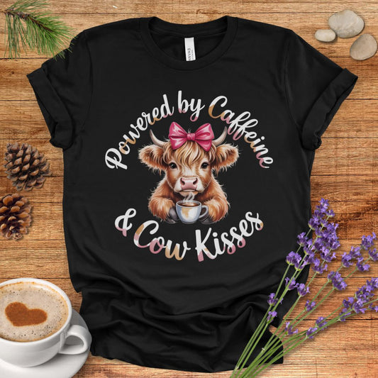 Funny Highland Cow Lover T-Shirt – Powered by Caffeine & Cow Kisses Tee for Cow Moms, Coffee Lovers & Country Life Fans