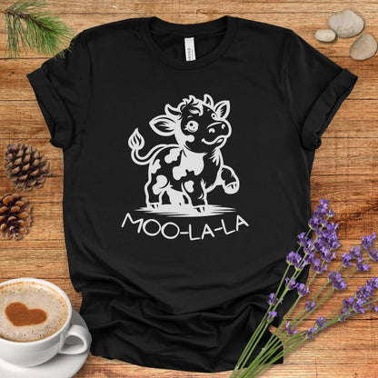 Cute Cow Cartoon T-Shirt – “Moo-La-La” Farm Animal Pun Tee for Rustic Country Living & Cow Lovers