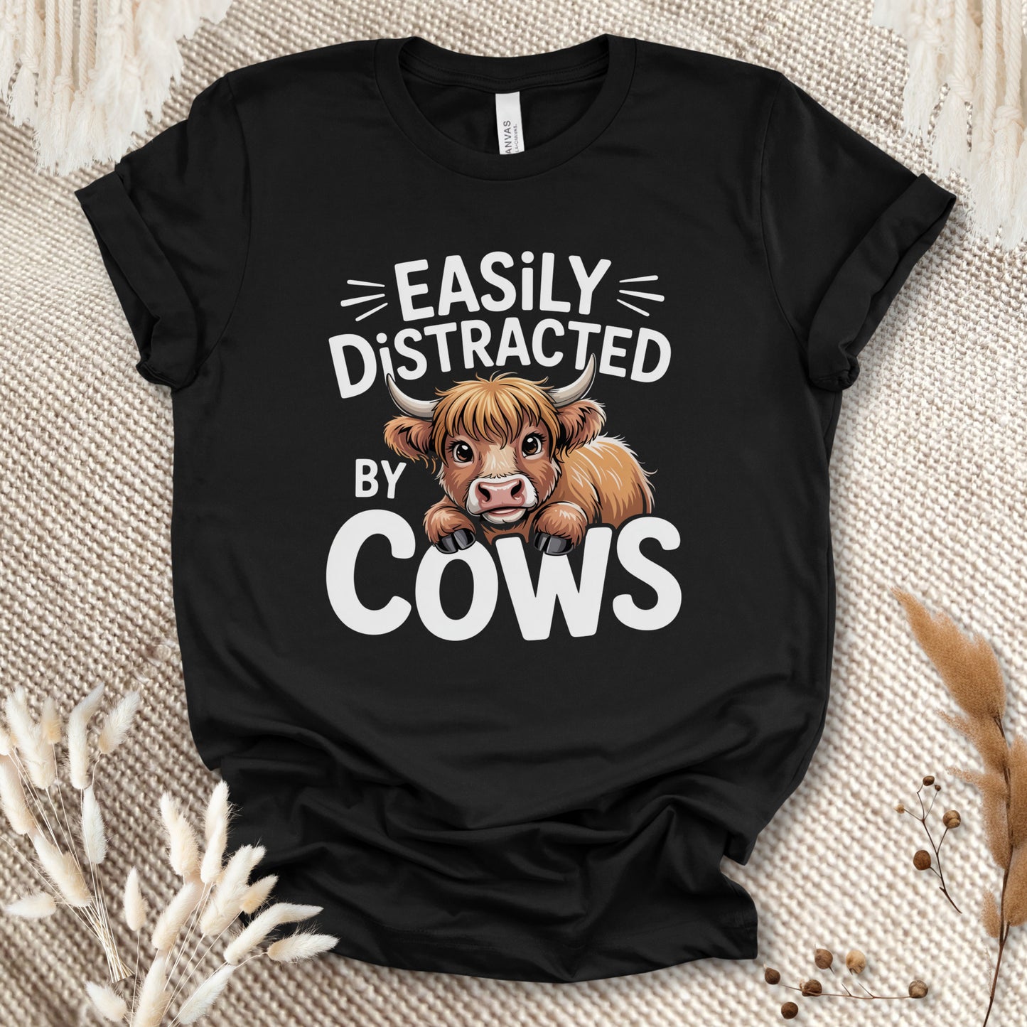 Easily Distracted by Cows T-Shirt – Funny Farm Animal Tee with Rustic Highland Cow Design