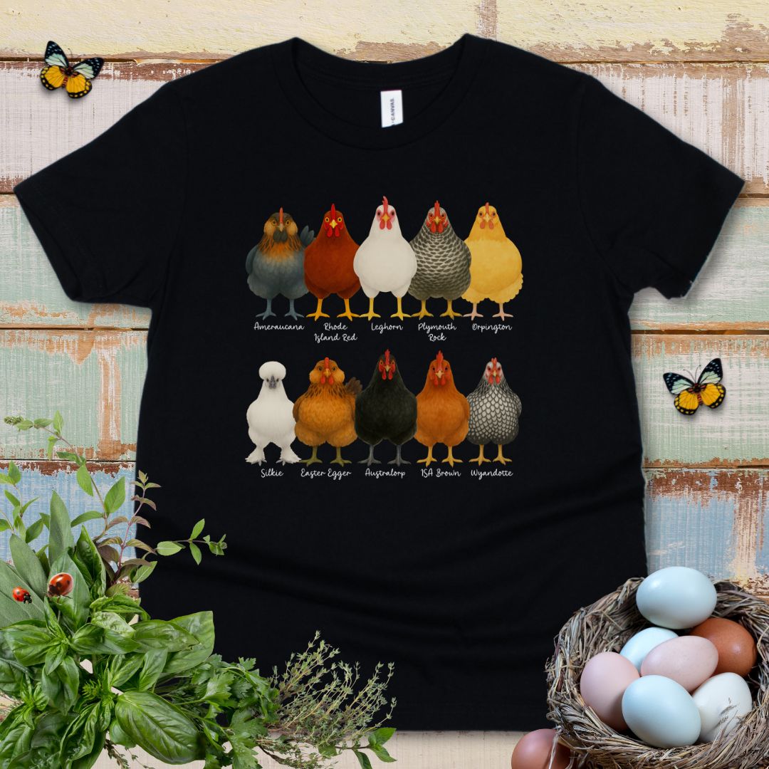 Chicken Breeds Kids T-Shirt – Cute Farm Chickens Chart Youth Tee for Animal Lovers & Farm Kids