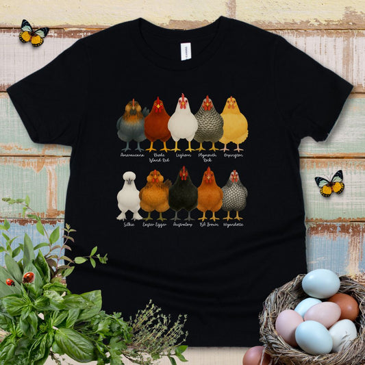 Chicken Breeds Kids T-Shirt – Cute Farm Chickens Chart Youth Tee for Animal Lovers & Farm Kids