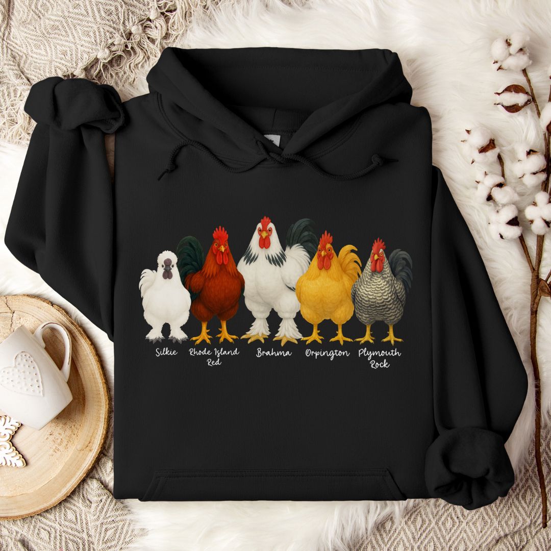 Rooster Breed Hoodie – Silkie, Rhode Island Red, Brahma & Orpington Chicken Lover Pullover