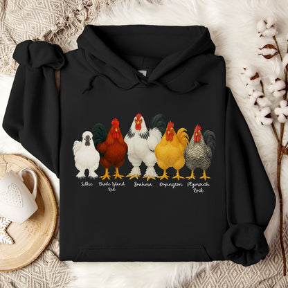 Rooster Breed Hoodie – Silkie, Rhode Island Red, Brahma & Orpington Chicken Lover Pullover