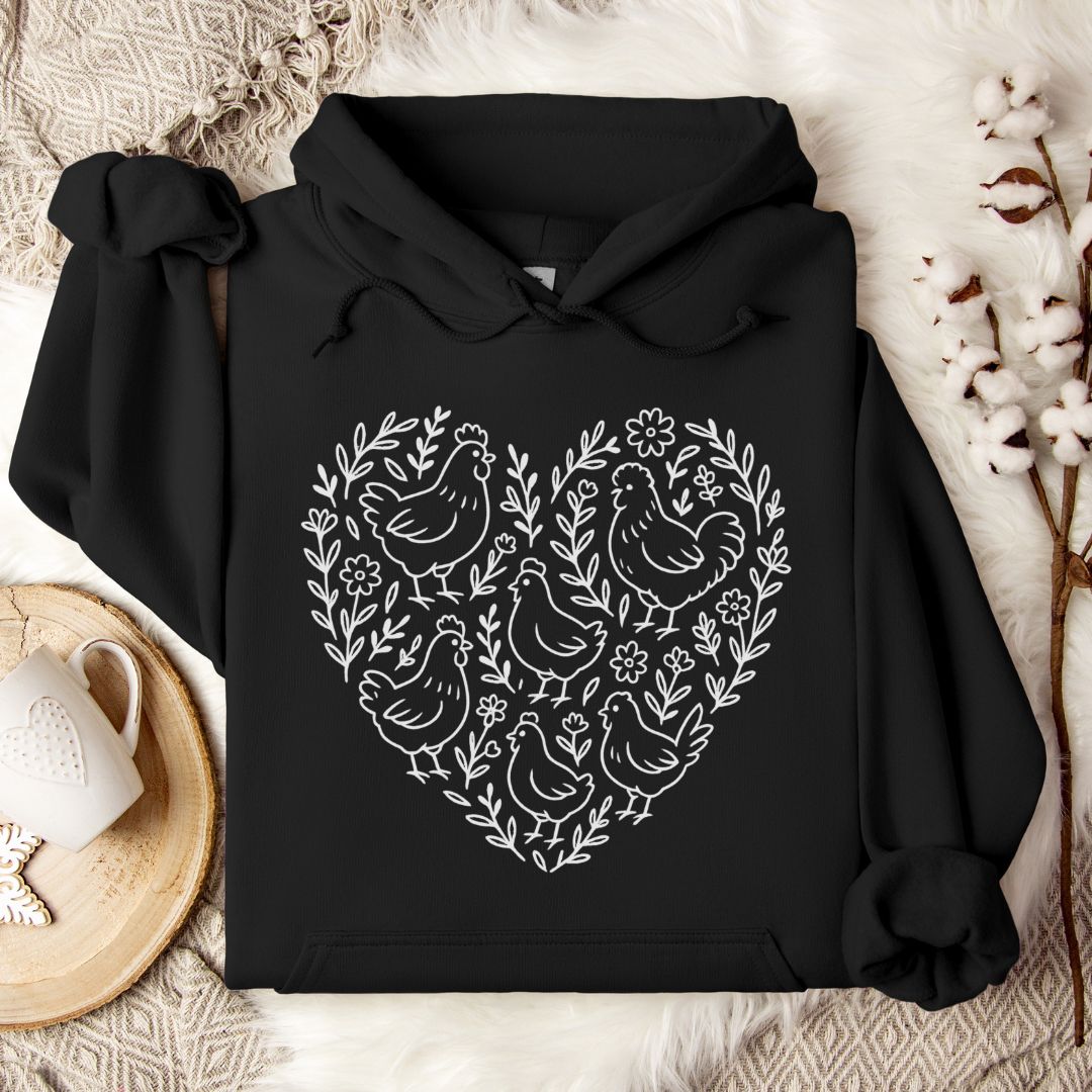 Chicken Lover Hoodie – Cute Heart Floral Chicken Flock Design for Chicken Moms & Backyard Poultry Fans