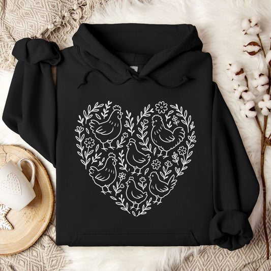 Chicken Lover Hoodie – Cute Heart Floral Chicken Flock Design for Chicken Moms & Backyard Poultry Fans