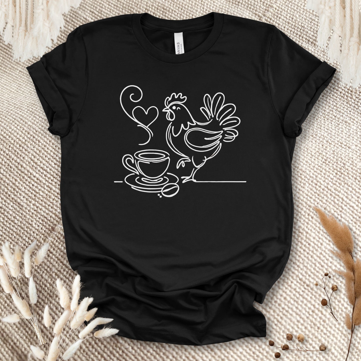 Minimalist Coffee & Chicken Line Art T-Shirt