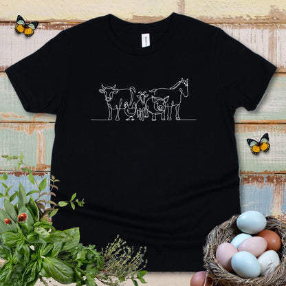 Cute Farm Animals Kids T-Shirt – One Line Art Cow, Chicken, Goat, Pig & Horse Youth Tee