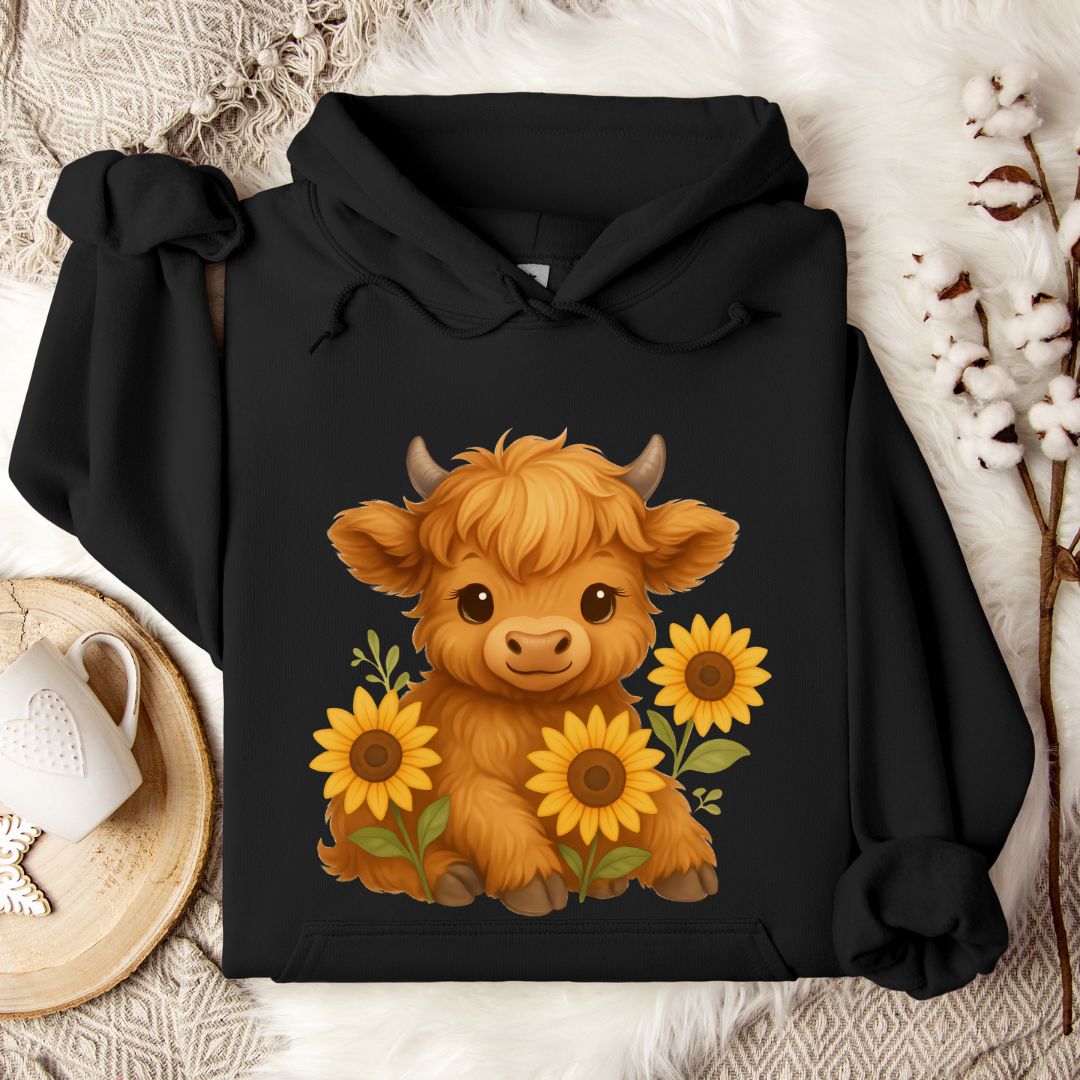 Cute Highland Cow Hoodie – Sunflower Cow Lover Pullover for Farm Girls & Country Style Fans