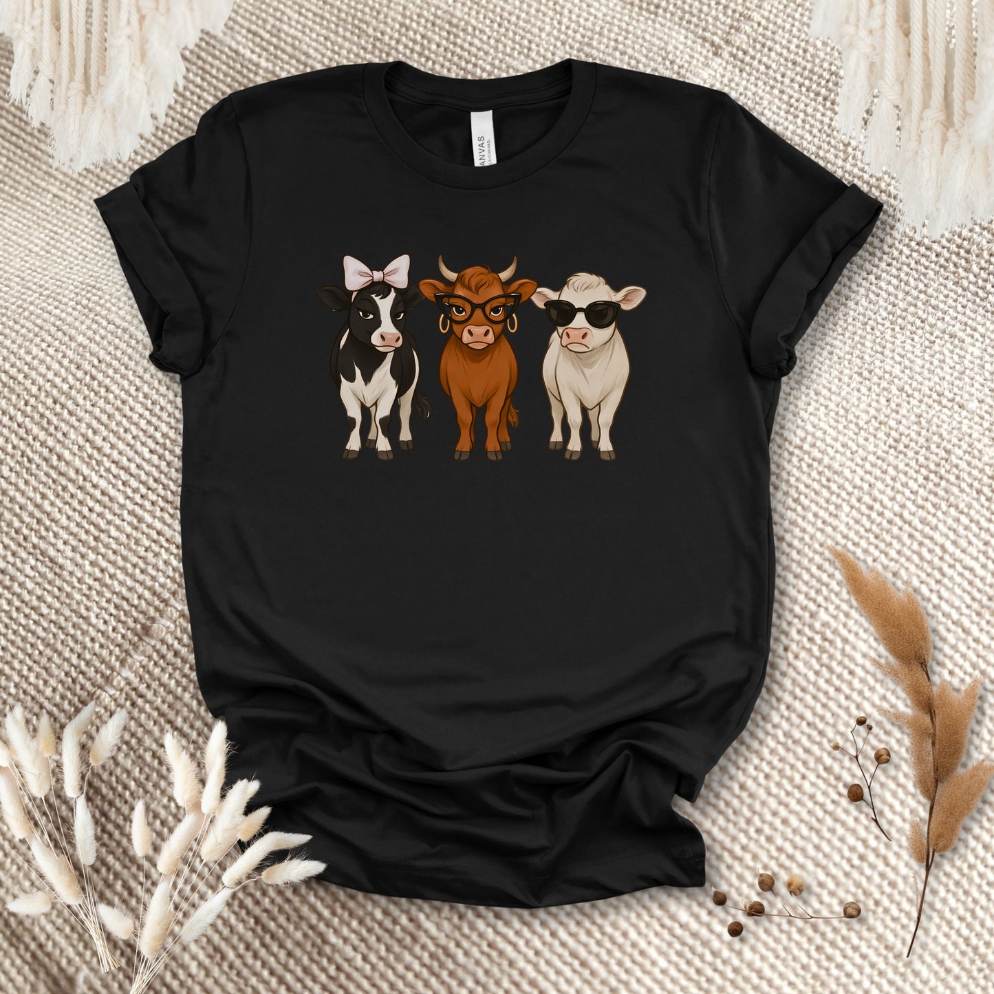 Trendy Cow Trio T-Shirt – Cute Stylish Cows with Bow & Sunglasses Farm Animal Tee