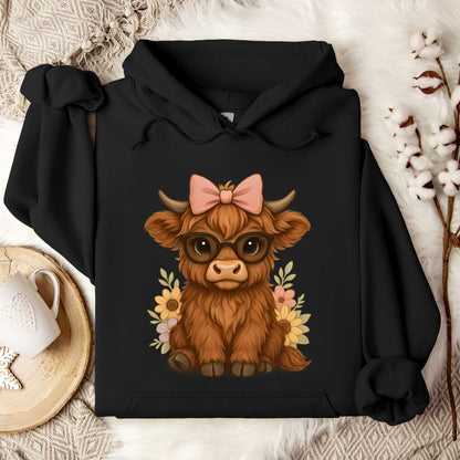 Cute Highland Cow Hoodie – Floral Cow with Glasses & Bow Pullover for Cow Moms & Farm Girls