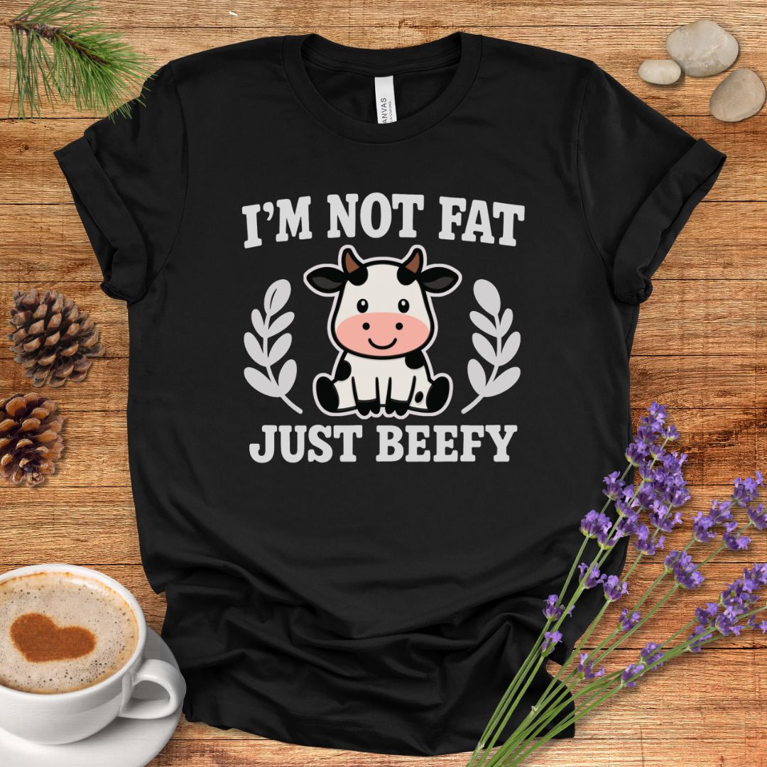 Funny Cow Pun T-Shirt – “I’m Not Fat, Just Beefy” Cartoon Farm Animal Tee for Rustic Country Living