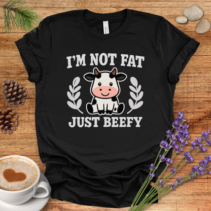 Funny Cow Pun T-Shirt – “I’m Not Fat, Just Beefy” Cartoon Farm Animal Tee for Rustic Country Living