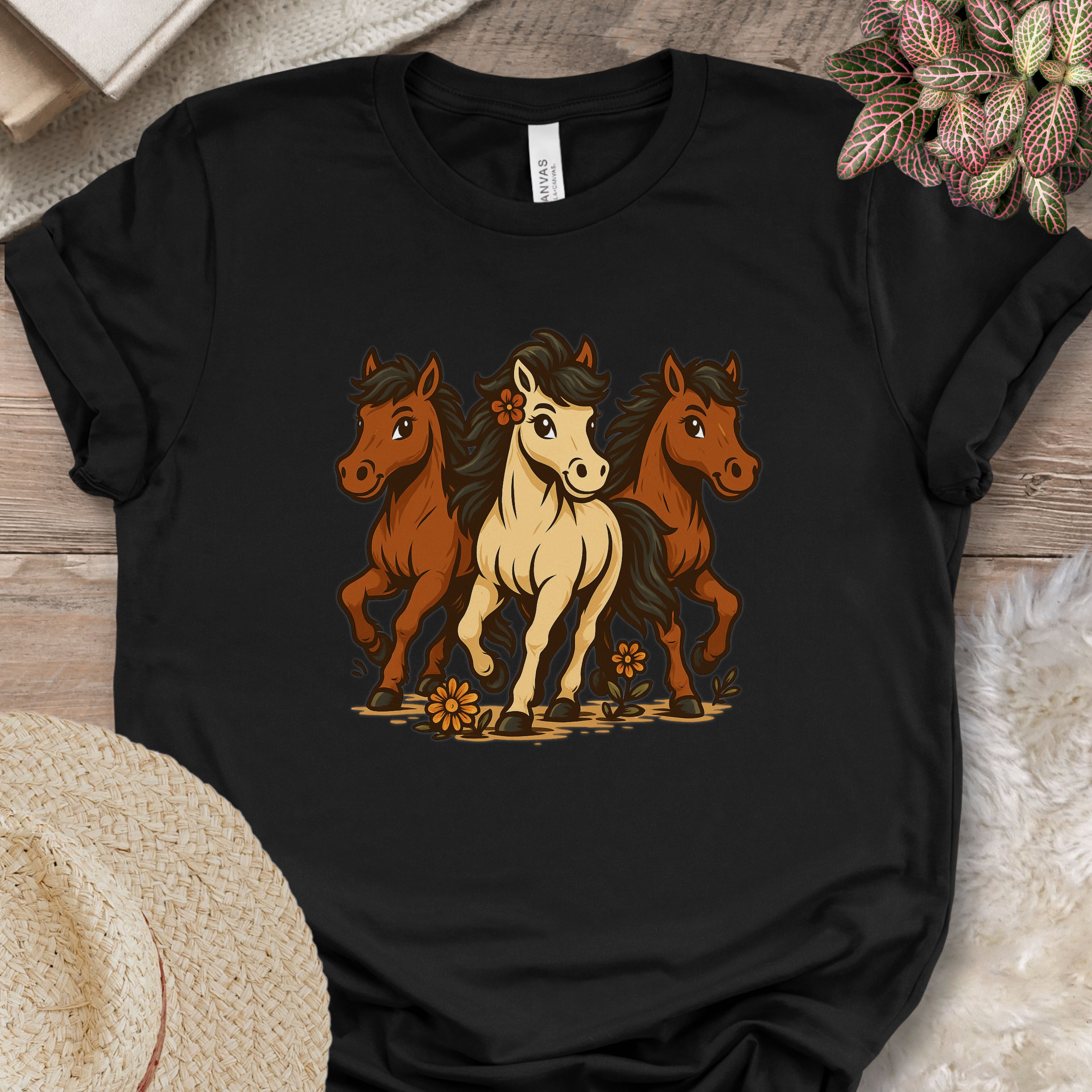 Flower Power Horses Cartoon T-Shirt