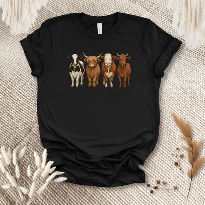 Cow Lover T-Shirt – Highland, Holstein & Brown Cow Lineup Tee for Ranchers & Farm Life Fans