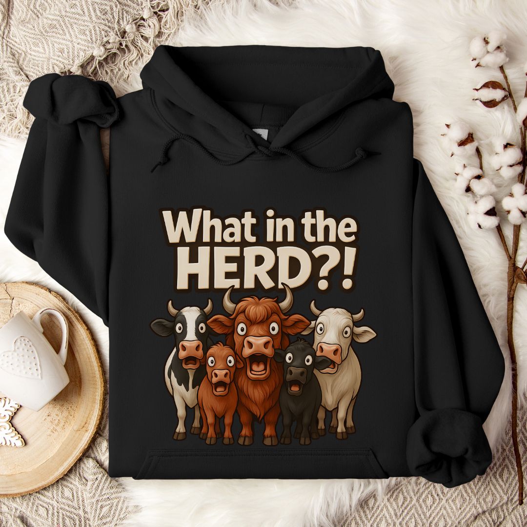 Funny Cow Hoodie – What in the Herd?! Farm Humor Pullover for Cow Lovers & Country Life Fans