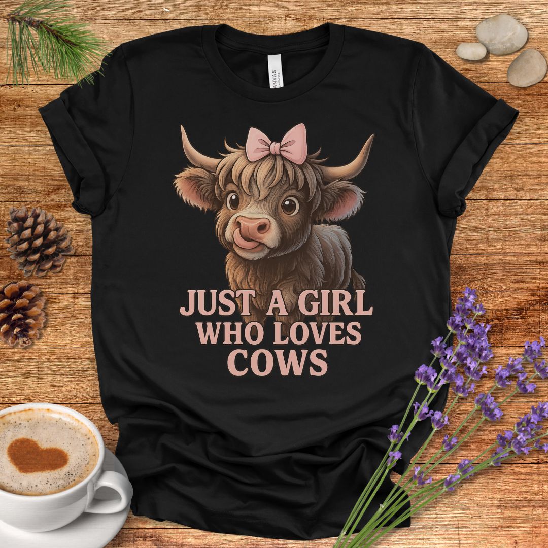 Highland Cow T-Shirt – “Just a Girl Who Loves Cows” Cute Farmhouse Tee with Pink Bow Design