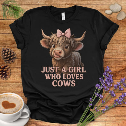 Highland Cow T-Shirt – “Just a Girl Who Loves Cows” Cute Farmhouse Tee with Pink Bow Design