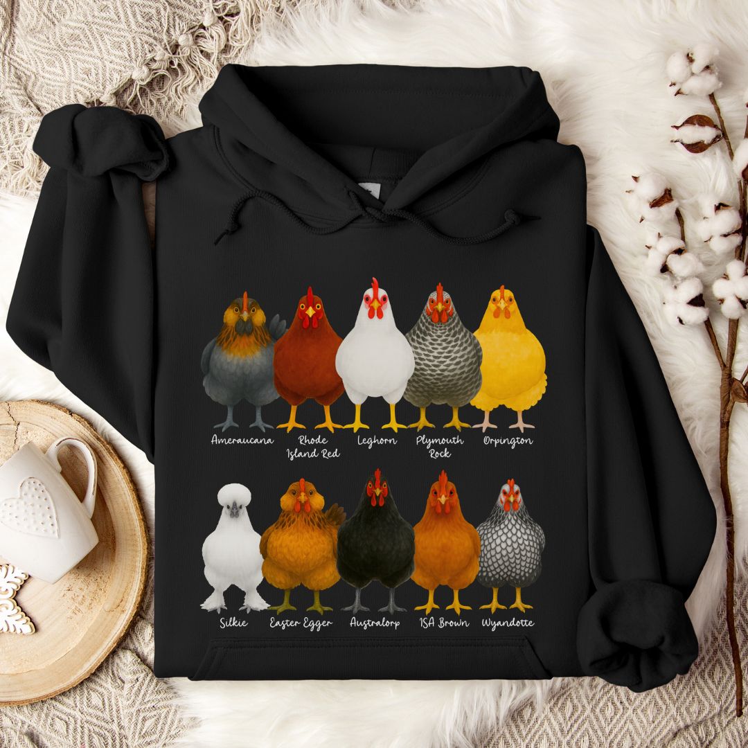 Chicken Breeds Hoodie – Cute Poultry Lover Gift for Chicken Keepers, Farmers & Backyard Flock Moms