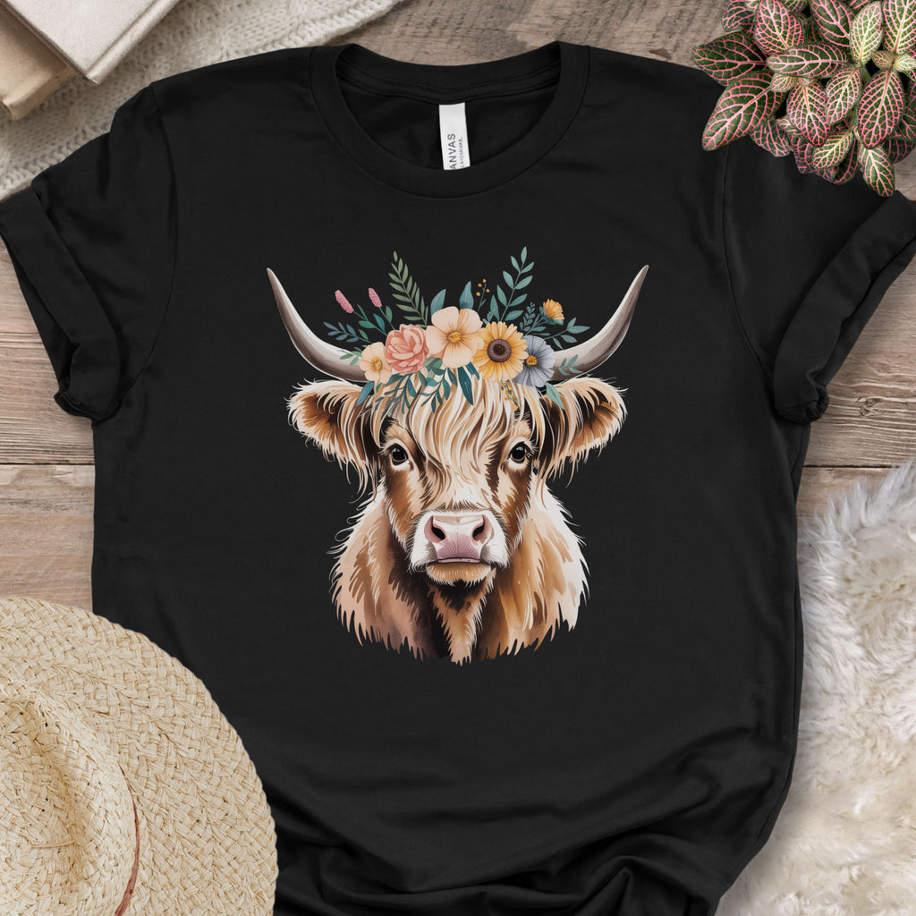 Simple Floral Highland Cow Tee