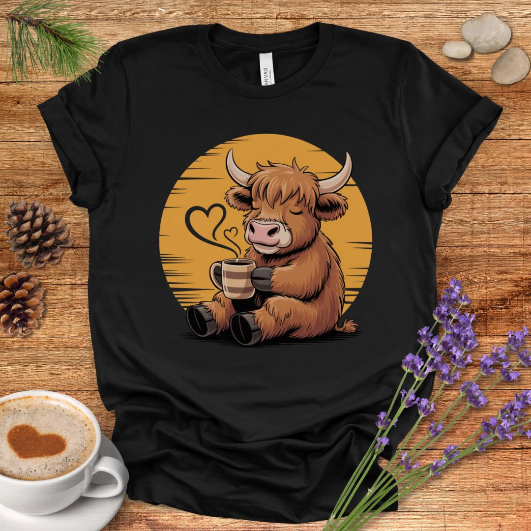 Highland Cow Coffee T-Shirt – Cozy Farmhouse Graphic Tee for Cow Lovers & Rustic Country Life