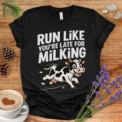 Funny Cow Lover T-Shirt – Run Like You’re Late for Milking Farm Tee for Cow Moms, Farmers & Country Life Fans