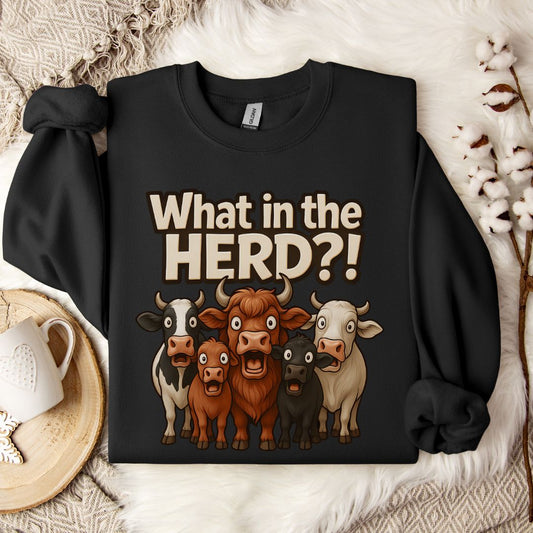 Funny Cow Sweatshirt – What in the Herd?! Farm Humor Crewneck for Cow Lovers & Country Life Fans