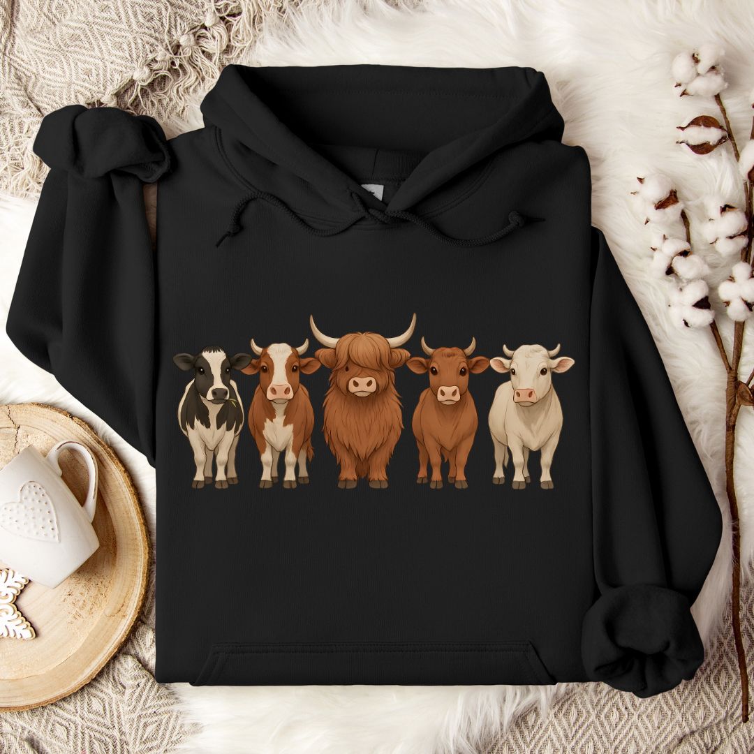 Cow Lover Hoodie – Highland, Holstein & Brown Cow Lineup Pullover for Ranchers & Farm Life Fans