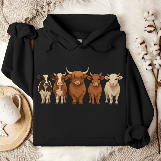 Cow Lover Hoodie – Highland, Holstein & Brown Cow Lineup Pullover for Ranchers & Farm Life Fans