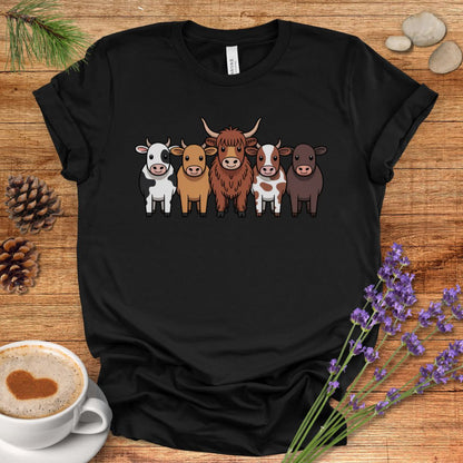 Cartoon Cow Breeds T-Shirt – Cute Farm Animal Lineup Tee with Highland, Dairy & Spotted Cows