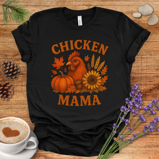 Chicken Mama Fall T-Shirt – Rustic Farmhouse Autumn Tee with Pumpkin, Sunflower & Chicken Design