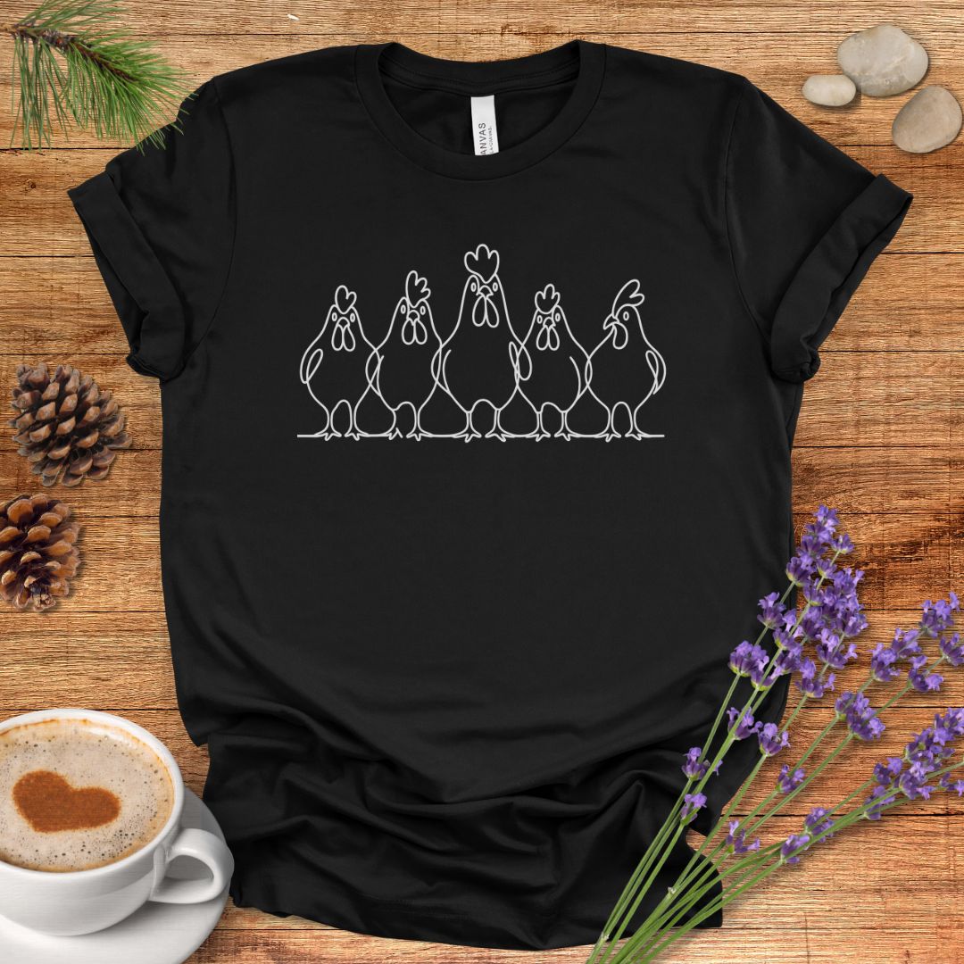 Minimalist Chicken T-Shirt – One Line Art Hen Lineup Farm Animal Shirt for Poultry Lovers & Farmhouse Style