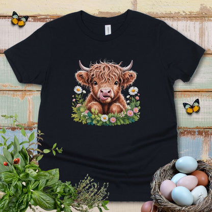 Cute Highland Cow Kids T-Shirt – Adorable Tongue-Out Cow & Wildflower Tee for Little Farm Animal Lovers