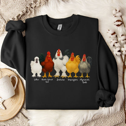 Rooster Lineup Sweatshirt – Silkie, Rhode Island Red, Brahma, Orpington & Plymouth Rock Pullover for Farm Animal Lovers