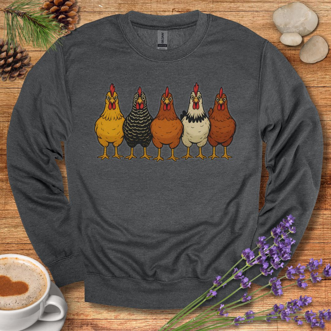 Hen Lineup Chicken Sweatshirt – Colorful Barnyard Pullover for Poultry Lovers & Farmhouse Living