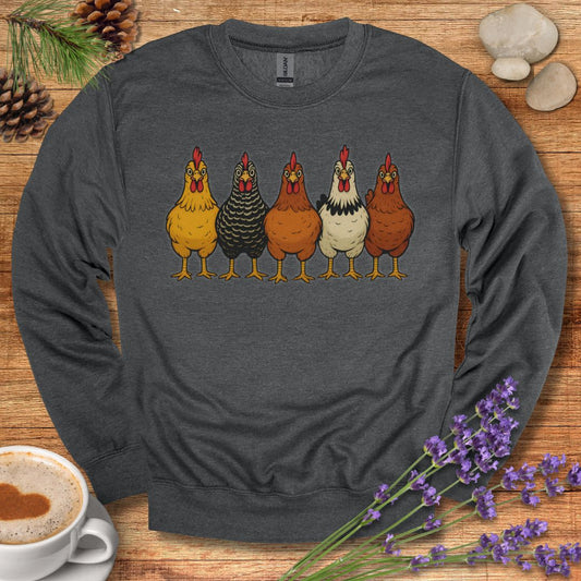 Hen Lineup Chicken Sweatshirt – Colorful Barnyard Pullover for Poultry Lovers & Farmhouse Living
