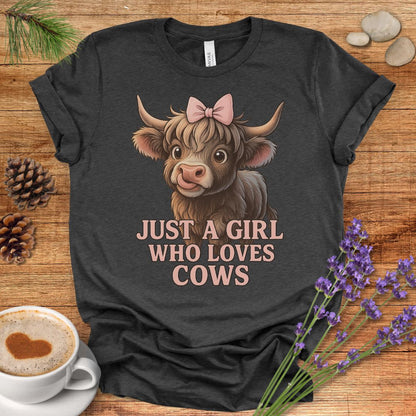 Highland Cow T-Shirt – “Just a Girl Who Loves Cows” Cute Farmhouse Tee with Pink Bow Design