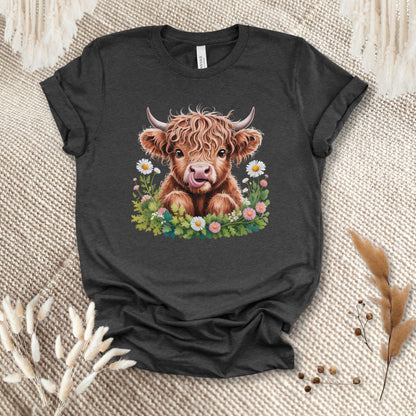 Cute Highland Cow T-Shirt – Floral Baby Cow Tee for Cow Lovers & Country Girls