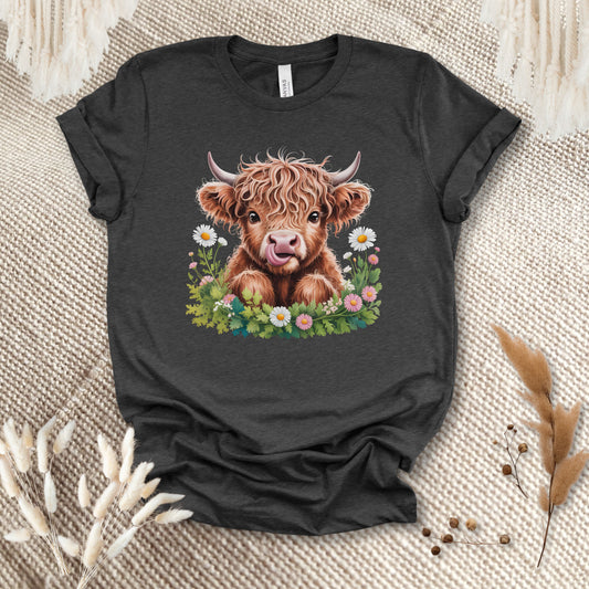 Cute Highland Cow T-Shirt – Floral Baby Cow Tee for Cow Lovers & Country Girls