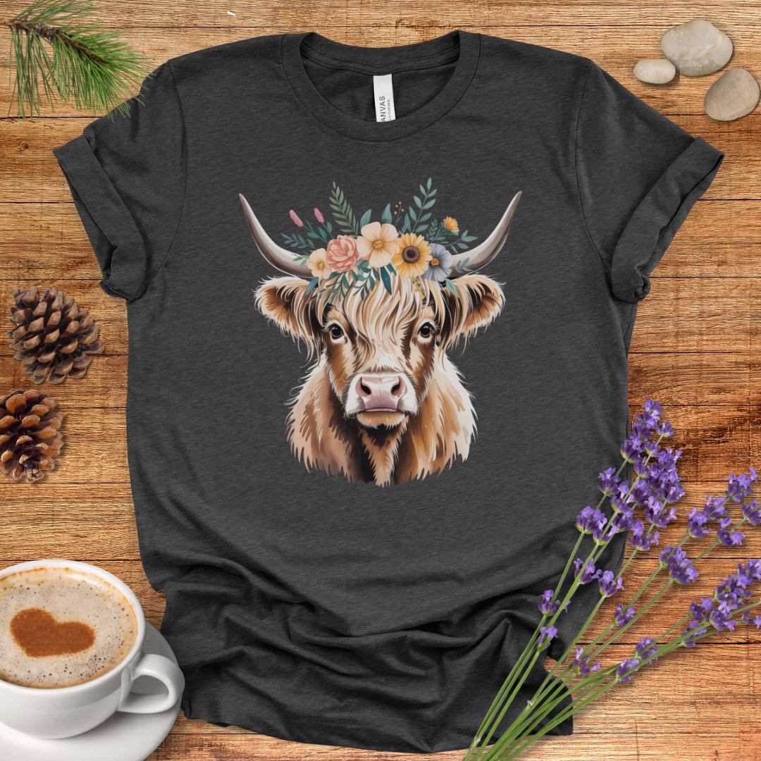 Floral Highland Cow T-Shirt – Rustic Boho Farmhouse Graphic Tee for Country Living & Cow Lovers