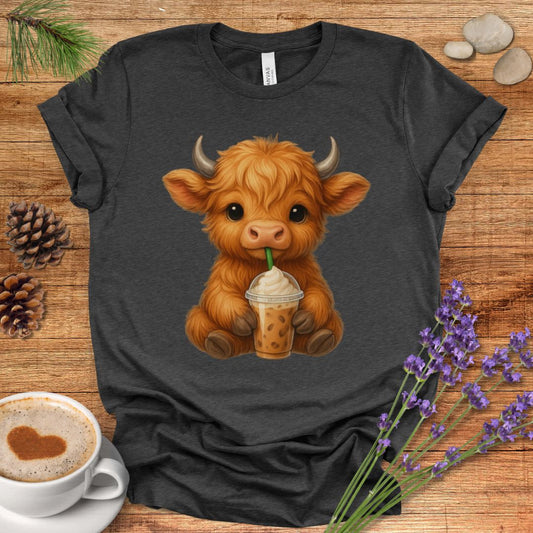 Cute Highland Cow T-Shirt – Coffee Lover Cow Tee for Farm, Country & Kawaii Style Fans