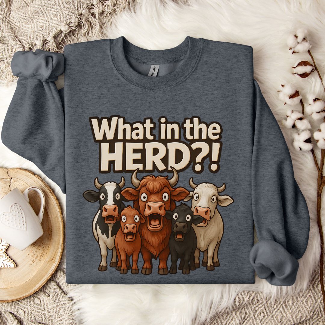 Funny Cow Sweatshirt – What in the Herd?! Farm Humor Crewneck for Cow Lovers & Country Life Fans