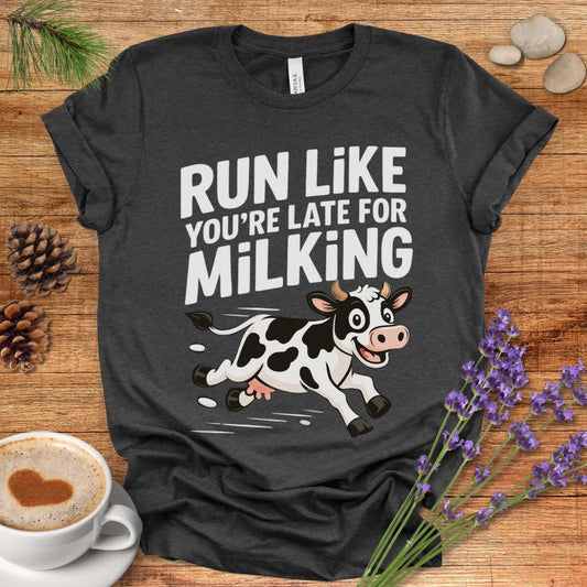 Funny Cow Lover T-Shirt – Run Like You’re Late for Milking Farm Tee for Cow Moms, Farmers & Country Life Fans