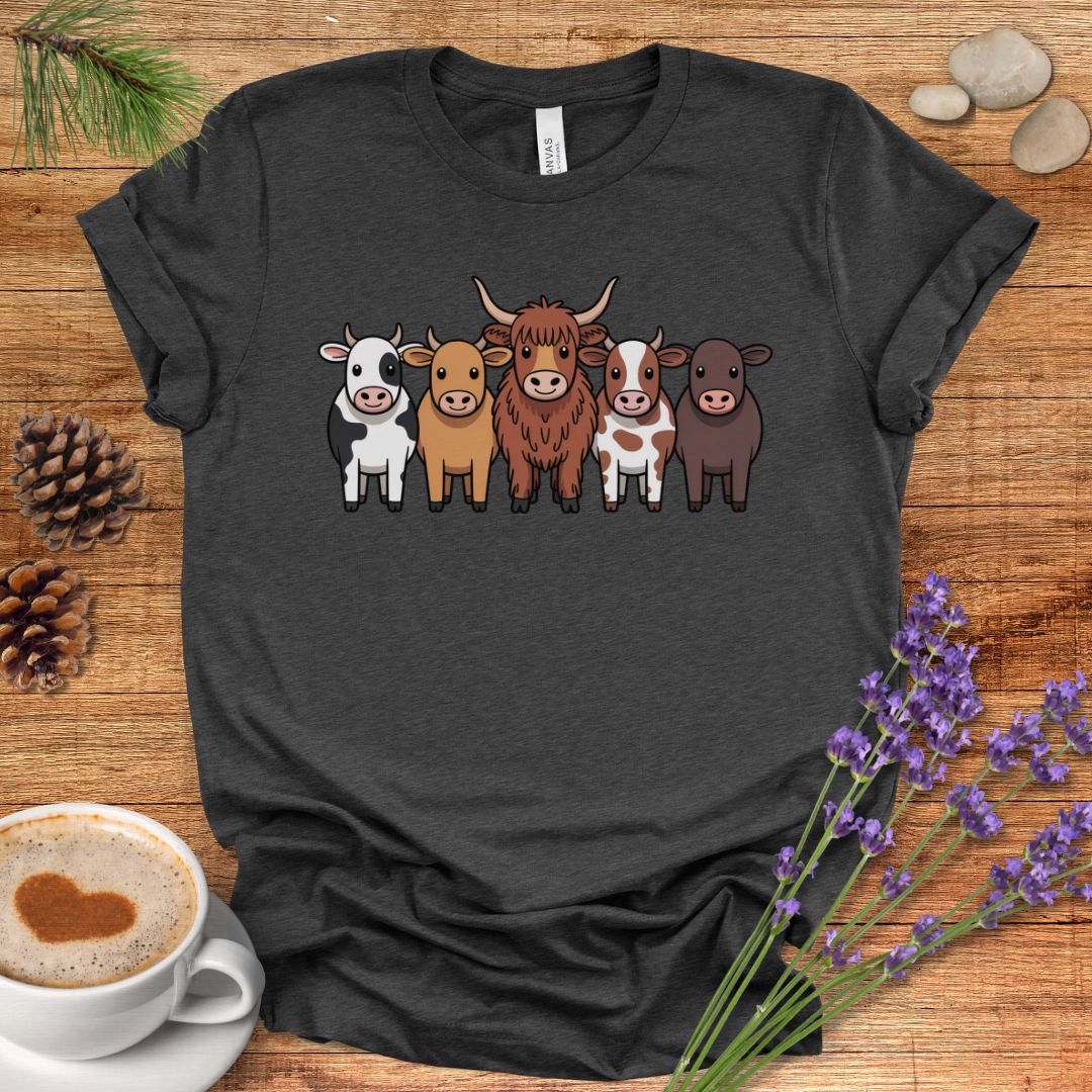 Cartoon Cow Breeds T-Shirt – Cute Farm Animal Lineup Tee with Highland, Dairy & Spotted Cows