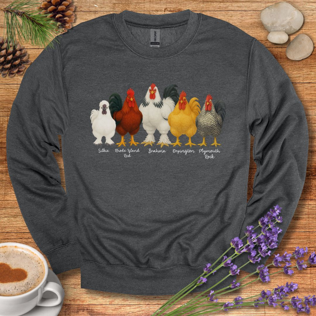 Rooster Lineup Sweatshirt – Silkie, Rhode Island Red, Brahma, Orpington & Plymouth Rock Pullover for Farm Animal Lovers